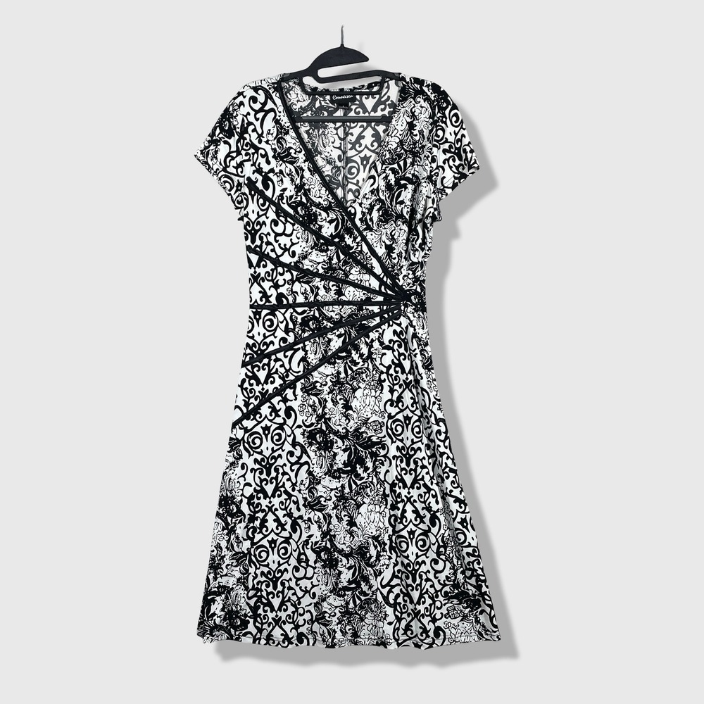 Connected Apparel Faux Wrap Dress Womens 8 Black White Baroque Office Career Y2K